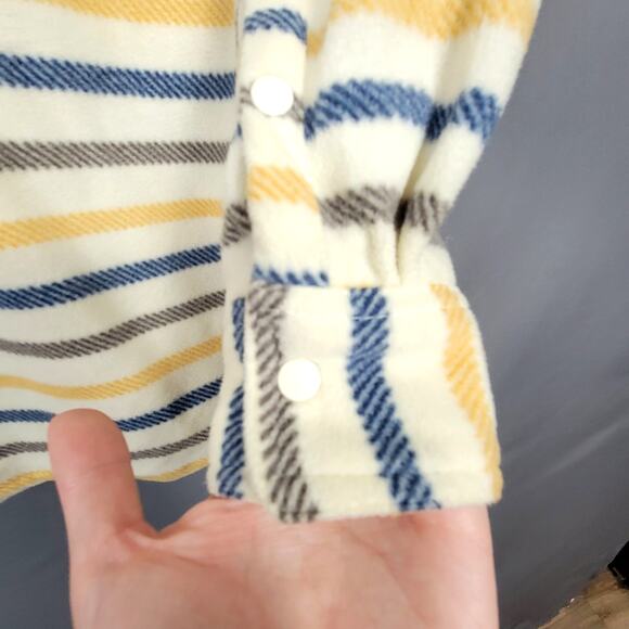 O’Neill Fleece Shacket Striped Cream Yellow Navy Snap Front Cozy Retro Casual - Picture 4 of 12